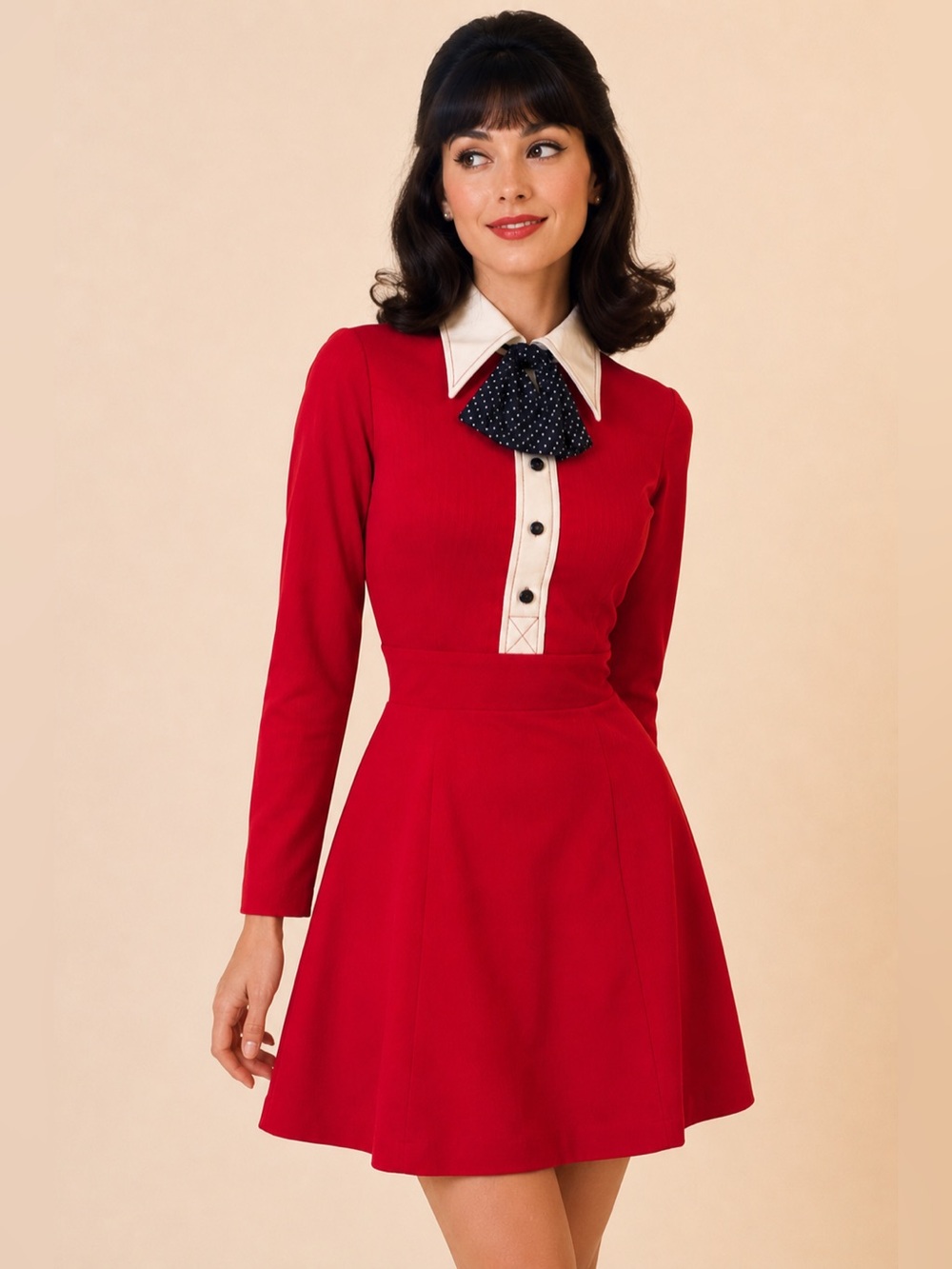 Vintage 60s Mod A Line Dress Red Contrast Collar Bow XS S